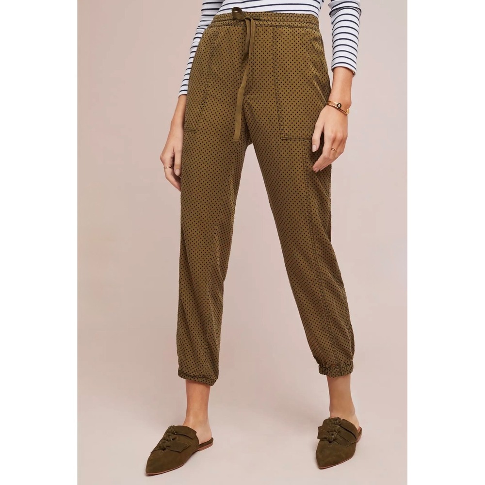 Anthropologie Flocked Jogger Pants Size S Olive Green Polka Dot‎ Drawstring Chic